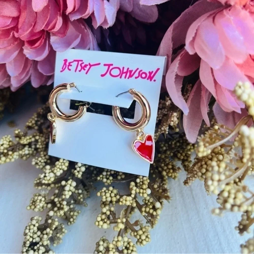 Betsey Johnson Heart Huggie Hoop Earrings Gold Tone Enamel NWT